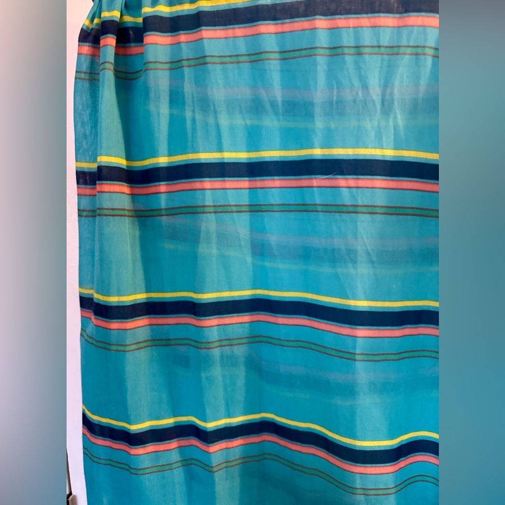 Long fashion striped scarf with fringe - teal, navy, yellow, salmon, green - Picture 5 of 11